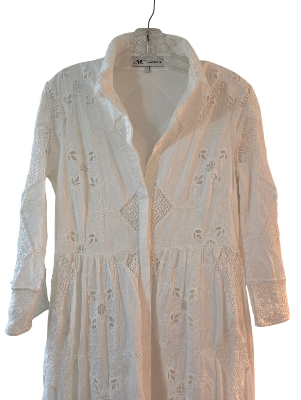 Zara White Eyelet Lace Belted Midi Shirt Dress M - Picture 5 of 14